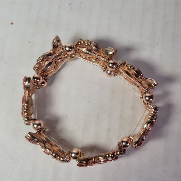 Rose Gold Tone Floral Rhinestone Stretch Bracelet With Clear & Pink Gemstones - Picture 3 of 4